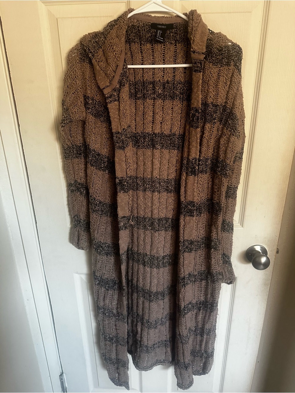 Forever 21 long hooded cardigan size S taupe and black striped